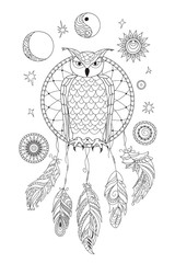 black and white ornamental owl on the dreamcatcher for adult coloring