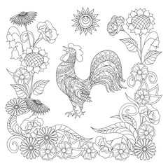 Fototapeta na wymiar black and white ornamental rooster and symbol sun for adult coloring