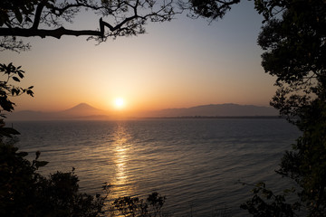 Fototapeta na wymiar View of the sea and Mt. Fuji from Enoshima island at sunset, Kanagawa, Japan.
