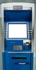 Blue ATM machine. The station automatic machines