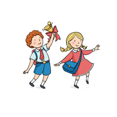 Color vector school clip art with kids. Children run happily to school. A girl with a briefcase and a boy with a bell