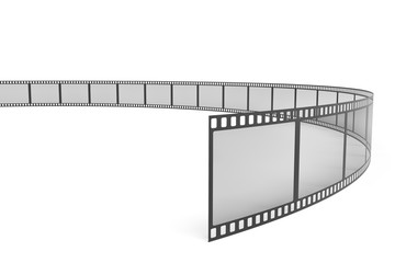 3d rendering of a single film strip arranged in turns and bends on white background.