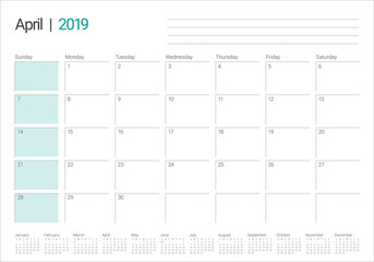 April 2019 desk calendar vector illustration