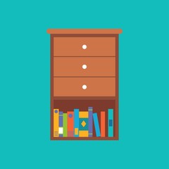 wooden drawer with book shelf, flat design