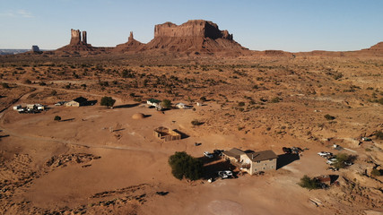 Village near the Oljato–Monument Valley in Arizona.  Ranch house. Aerial view, from above, drone shooting
