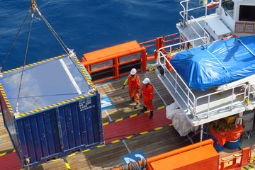Supply boat transfer cargo to oil and gas industry and moving cargo from the boat to the platform....