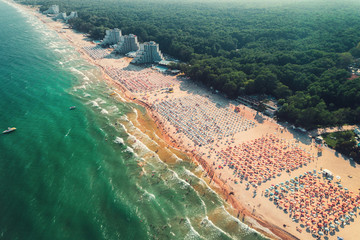 Aerial drone view of Albena sandy beach resort, Bulgaria