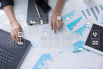 Virtual screen interface with applications icons. APPS. Work Business process in modern office. Strategy planning  Internet technology concept.