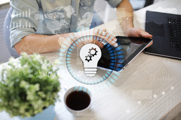 Lamp icon on virtual screen. Business solution. Innovation concept.