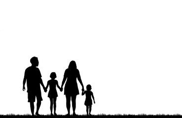 silhouette happy family with two kids walk on white background