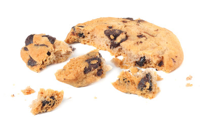 broken chocolate chip cookies isolated on white background. Sweet biscuits. Homemade pastry.