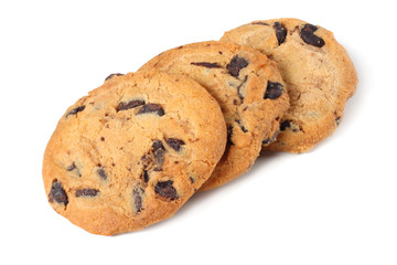 Chocolate chip cookies isolated on white background. Sweet biscuits. Homemade pastry.