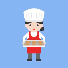cute female pastry chef holding baking tray and fresh dough, flat design