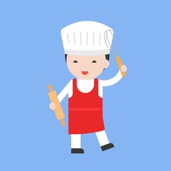 cute pastry chef with rolling pin, flat design