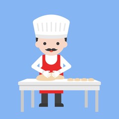 cute pastry chef making bread dough from flour on table, flat design