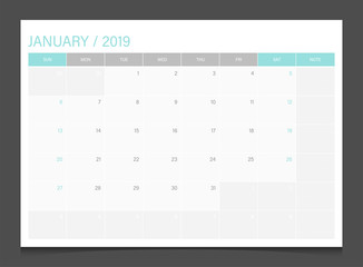 Calendar 2019 January week start Sunday corporate business modern design layout template vector.	