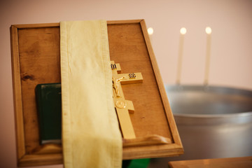 the Bible and the Orthodox cross on the altar