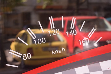 Fahrschule Autos im Schaufenster Tachoanzeige 