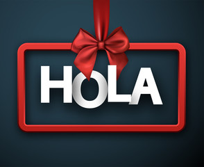 Hey sign with red satin bow on blue background. © Vjom