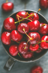 Top view of a bowl with ripe cherry over blue background. The concept of healthy organic food.