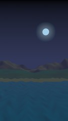 Moon Sea Beach. Midnight. Ocean shore line with waves on a beach. Island beach paradise with waves. Vacation, summer, relaxation. Seascape, seashore. Minimalist landscape, primitivism. 3D illustration