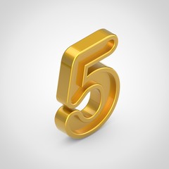Obraz premium Golden number 5 isolated font on white background.