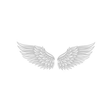 Large angel wings with gray feathers. Flat vector element for poster, greeting card or mobile app