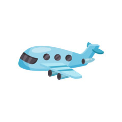 Cartoon passenger airplane. Small blue plane with jet engines. Flat vector for mobile game or advertising poster of travel agency