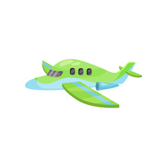 Small blue-green airplane with jet engines. Toy plane. Air vehicle. Flat vector for greeting card or children book