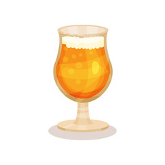 Cold wheat beer in glass with stem. Alcoholic drink. Flat vector element for party poster, pub or cafe menu