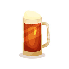 Draft beer with foam in glass mug with handle. Alcoholic beverage. Flat vector element for advertising poster of Oktoberfest