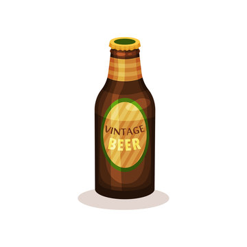 Beer in glass bottle with label. Vintage beverage. Alcoholic drink. Flat vector for advertising poster or banner of brewery