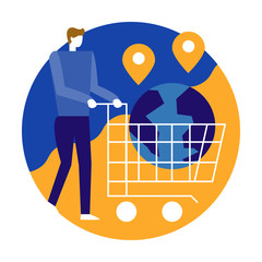 Man pushing shopping cart with globe. Online Shopping and Online Store concept. flat design vector illustration