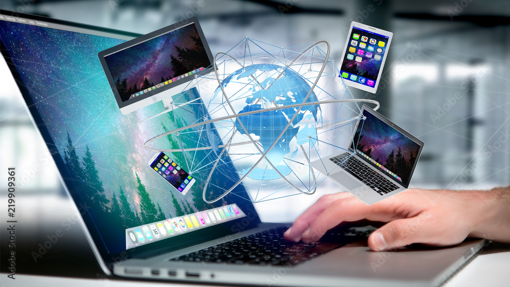 Poster businessman holding a computer and devices displayed on a futuristic interface with international ne