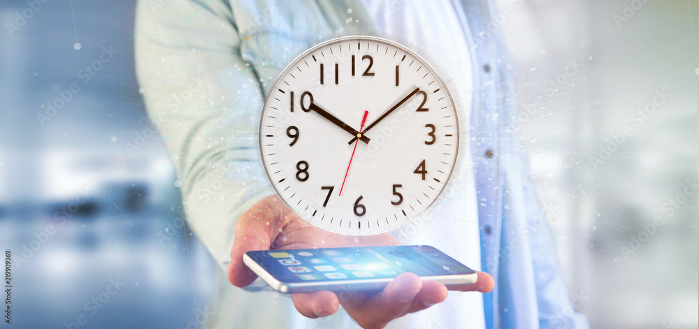 Poster man holding a clock timer 3d rendering