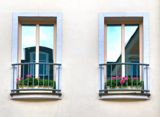 Germany Thuringen, two French style balconies on apartment building facade