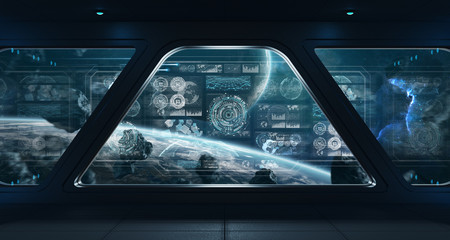 Dark spaceship interior with control panel digital screens 3D rendering