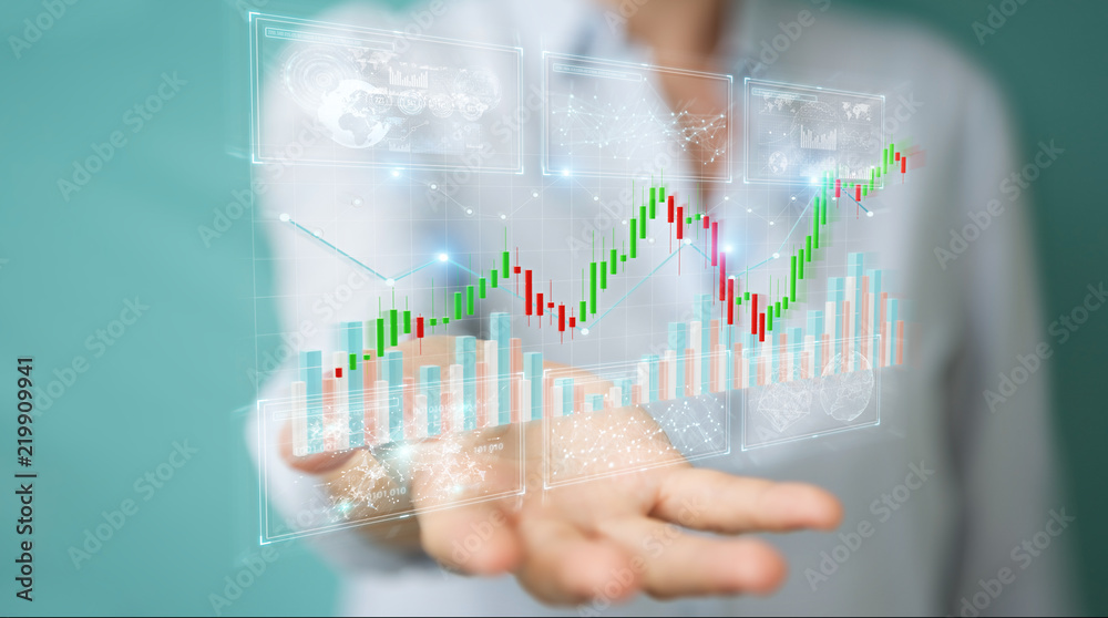 Poster Businessman using 3D rendering stock exchange datas and charts