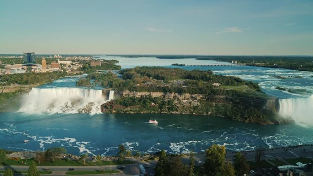 View of the beautiful Niagara Falls, the camera goes down smoothly
