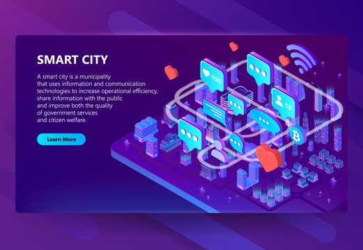 Smart city vector illustration of users internet communication in town. Isometric houses in wireless connection for online chat and bitcoin cryptocurrency for IOT on purple ultraviolet background