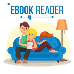 E-Book Reader Vector. E-Learning. Couple At Home. Online Library. Using Ebook. Alternative Device. Reading With An E-book. Isolated Flat Cartoon Illustration