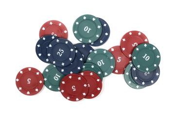 Casino poker chips isolated on white background, top view