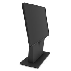 LCD Screen Stand. Trade Show Booth. 3d render of tv info kiosk isolated on white background. High Resolution. Ad template for your expo design.