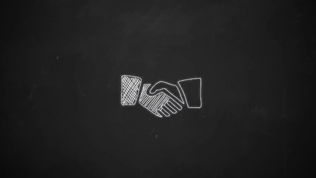 hand drawing line art showing shake hands symbols with white chalk on blackboard
