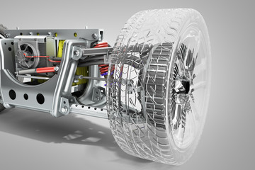electric car cystem wheelbase with electric vehicle drive system and battery pack 3d render on grey - obrazy, fototapety, plakaty