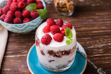 Layered yogurt with raspberries