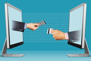 hi-tech concept, two hands from computers. hand with medicine pills  and hand with credit card. 3d illustration