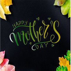 Calligraphy Happy Mother`s Day hearts banner. Mothers Day greeting card template with typography text happy mother`s day and red hearts on background