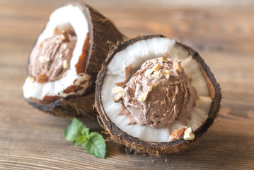 Chocolate ice cream in the coconut halves