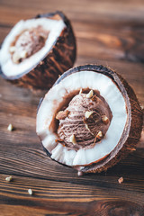 Chocolate ice cream in the coconut halves